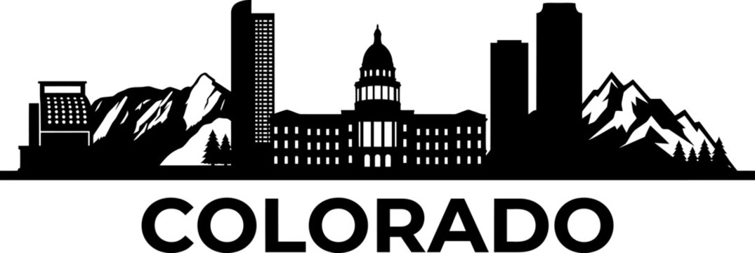 A minimalist black and white silhouette graphic of the denver colorado city skyline with mountain peaks