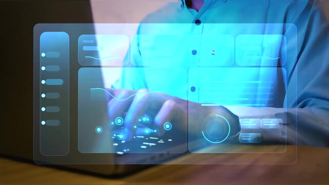 Businessman typing on laptop keyboard processing digital data technology integration analyzing hologram dashboard interface for corporate business management strategy optimization software solution.