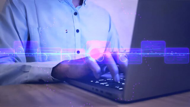 IT specialist using a laptop with AI workflow orchestration interface, illustrating intelligent process automation, connected data pipeline, enterprise task routing, and digital operation.