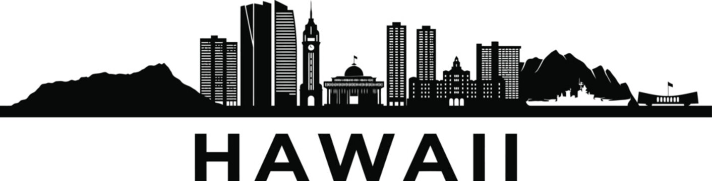 A minimalist black and white silhouette illustration of the honolulu hawaii city skyline with diamond head crater