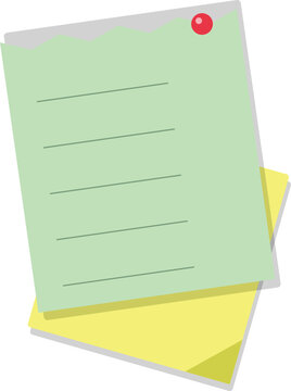 A light green sticky note with lines for writing pinned to a stack of yellow paper on a white background