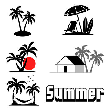 Tropical Summer Beach Icon Set with Palm Trees, Sun Umbrella, Surfboards, and Hammock Vector Sheet