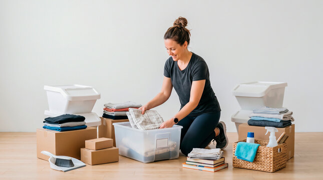 Woman organizing clothes and household items for storage or moving