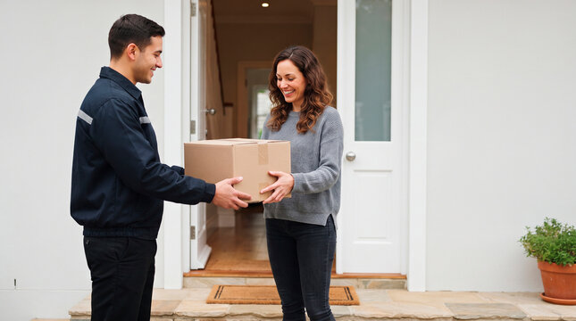 Delivery person hands package to happy woman at front door