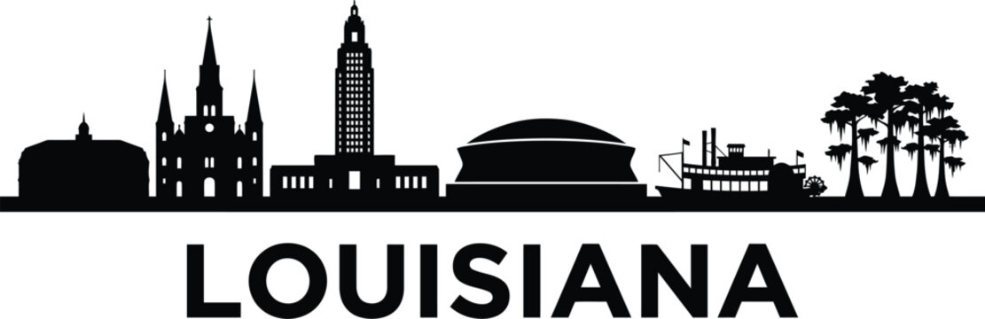 A minimalist black and white silhouette illustration of the iconic new orleans city skyline in louisiana