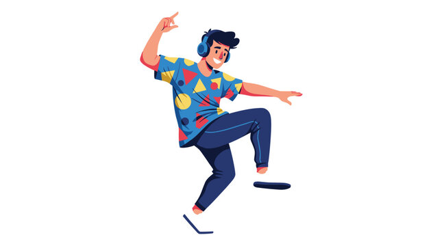 Young man with blue headphones dancing and listening to music while wearing a colorful geometric patterned shirt.