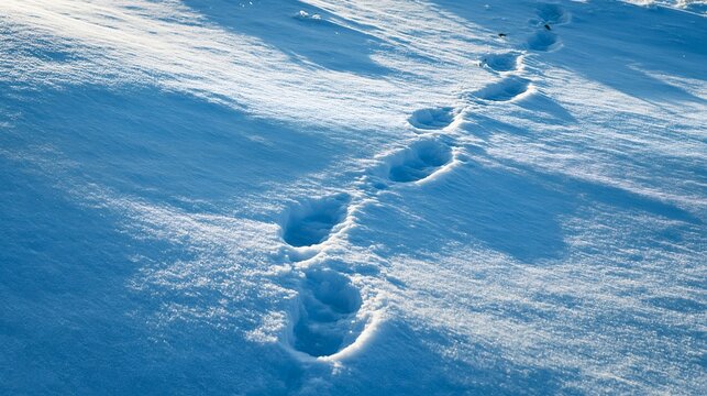 Fresh footprints mark a snowy path. 64k 8k widescreen, HDR