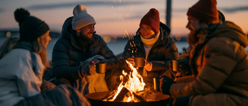 Friends gather around a glowing campfire at dusk. 64k 8k widescreen, HDR