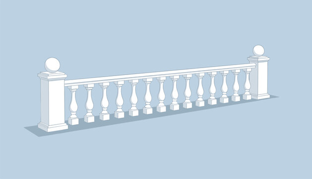 Elegant classical white stone balustrade with ornate balusters and rounded end posts in a clean 3D architectural wireframe render.