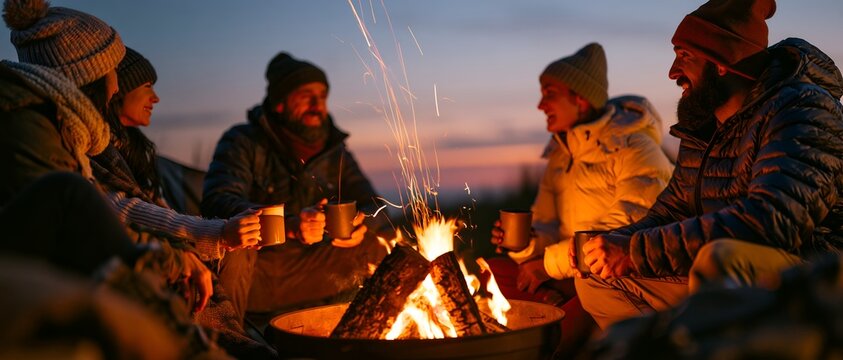 Friends gather around a warm campfire at dusk. 64k 8k widescreen, HDR