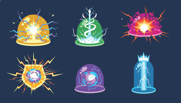 Collection of pixel art magical energy shields and protective domes in various colors like gold, green, purple, and blue for game effects.
