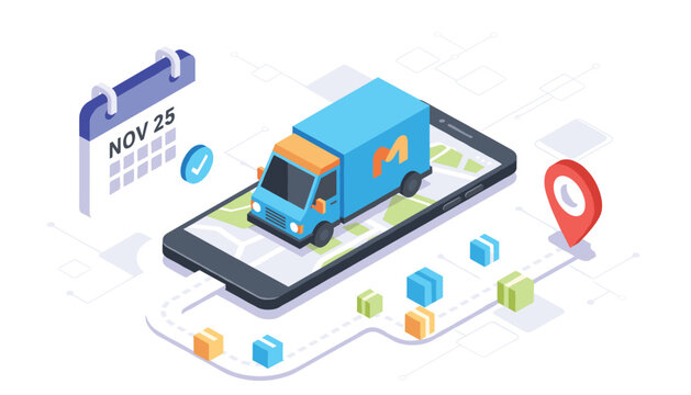Isometric illustration of a logistics delivery app showing a blue truck driving on a smartphone map with shipping boxes and location pins.