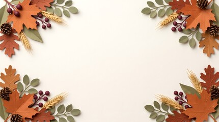 Fototapeta premium Autumn leaf border frame with pinecones and berries on creamy white background pinecones seasonal background