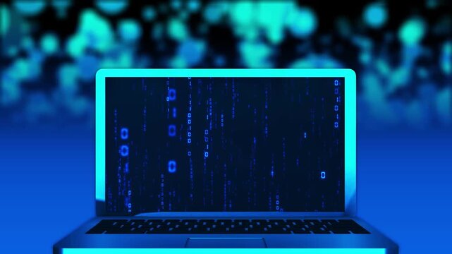 Blue computer coding visual open laptop, luminous screen, falling data marks, 19 lights. app demos, developer content, hacking themes, software lessons, cyber reports, digital backgrounds.