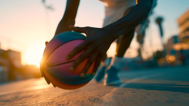 Golden sunset bathes the scene as a basketball player's hands firmly gr. 64k 8k widescreen, HDR