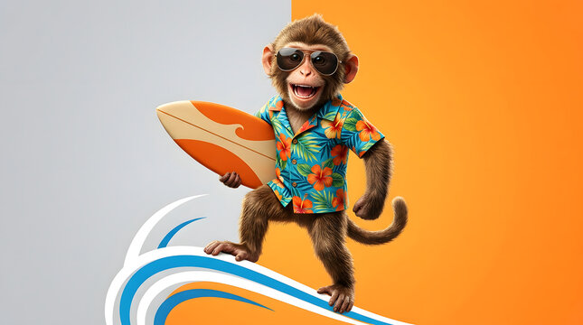 Monkey, surfing and surfboard on wave with sunglasses, floral shirt and summer holiday for vacation, travel and leisure. Cute animal, beach and tropical in sunshine with ocean, sport, fun and sun