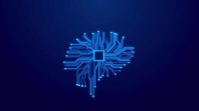 Futuristic processor circuit visual cyan electronic traces, central chip block, clean blue copy space. machine learning clips, data computing titles, product promos, tech presentations, digital motion