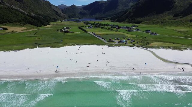 Drone Zoom Out Revealing Refviksanden Beach and Atlantic Coast, Norway