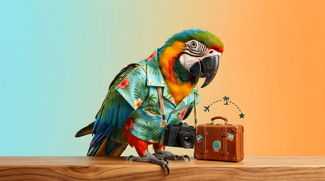 Travel parrot tourist bird and vacation with tropical shirt, suitcase and camera for tourism, adventure and holiday. Macaw, animal and journey with luggage, photography and summer for leisure.