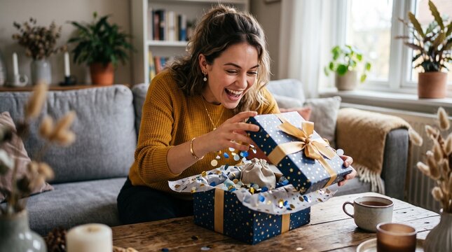 Woman happily opening a surprise gift box with confetti falling out