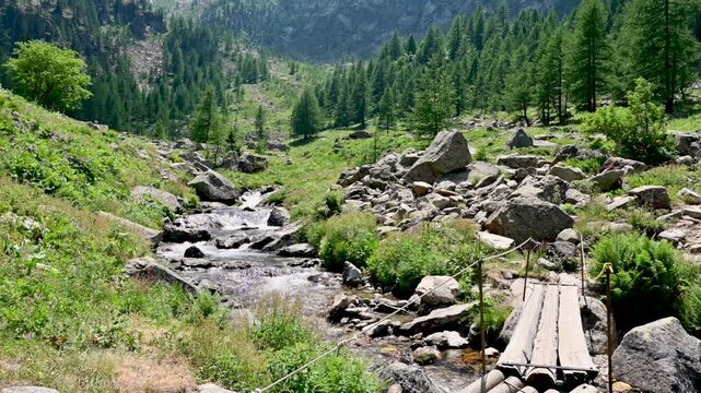 Tranquil mountain valley landscape with a small stream flowing through rocks and green meadows, crossed by a rustic wooden footbridge under the bright summer sun in the european alps