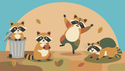 Fototapeta premium Family of playful raccoons enjoys their time outdoors with activities like dancing and searching for food near a park.