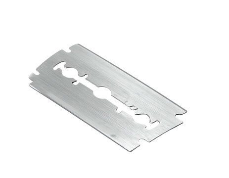 Single stainless steel double edge safety razor blade isolated on black background