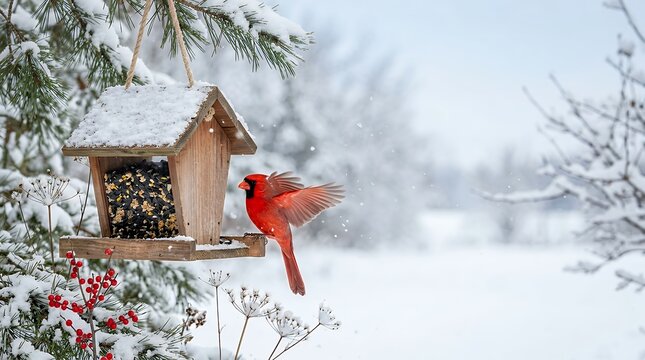 A wildlife visualization showing northern cardinal arriving at feeder on snowy day for flowers and nature themes 3D render northern cardinal northern cardinal arrives feeder snowy day flowers