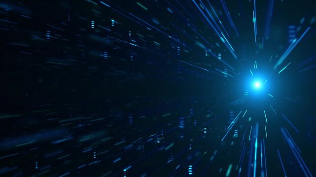 Futuristic blue data burst visual radiant glow, forward motion streaks, dark space particles. high speed 19 , data streams, server transfers, network openers, sci fi scenes, motion graphics.
