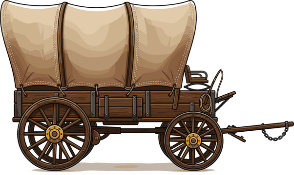 Vintage Covered Wagon Vector Illustration with Wooden Wheels, Western Pioneer Cart and Old Cowboy Transport Design