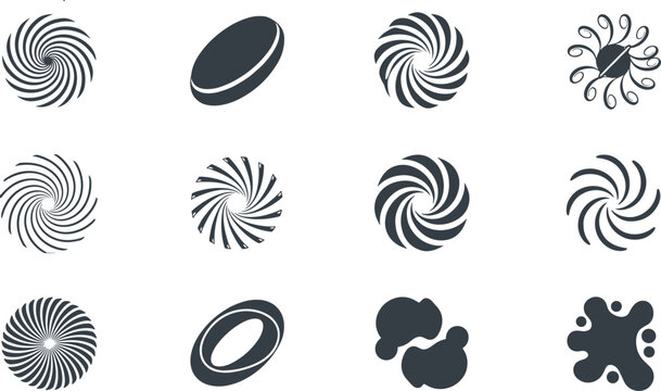 Abstract geometric vortex and fluid splatter vector elements collection featuring monochrome spiral shapes camera apertures and liquid blobs