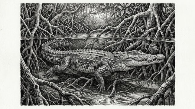 Alligator resting among dense mangrove roots in a swamp.