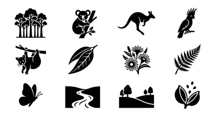 Australia Icons: Koala, Kangaroo, Cockatoo, Eucalyptus, Forest, River, Nature Symbols © ibnu