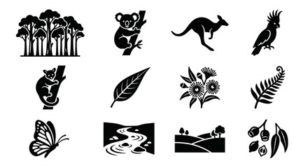 Australian Wildlife and Flora Icons Silhouette Set: Kangaroo, Koala, Cockatoo, Eucalyptus, Nature © ibnu