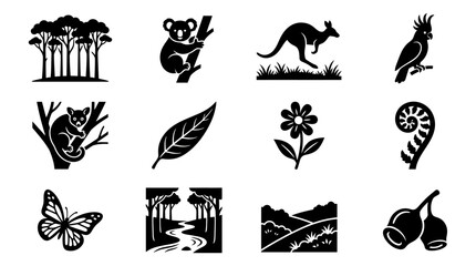 Australian Wildlife and Nature Icons: Kangaroo, Koala, Cockatoo, Eucalyptus, Forest, Butterfly © ibnu