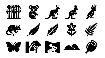 Australian Wildlife and Nature Icons: Kangaroo, Koala, Cockatoo, Plants, Landscape © ibnu