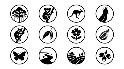 Australian Icons: Wildlife, Flora, and Landscape - Set of Circular Black and White Icons © ibnu