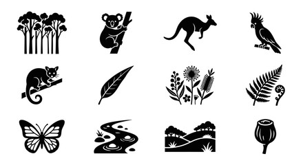 Australian Wildlife and Nature Icons: Kangaroo, Koala, Cockatoo, Flora, Fauna, Landscape © ibnu