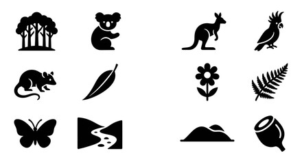 Australian Wildlife Icons: Kangaroo, Koala, Cockatoo, Nature & Landscape Symbols © ibnu