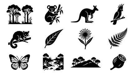 Australian Wildlife and Nature Icons: Koala, Kangaroo, Cockatoo, Eucalyptus, Flora & Fauna Silhouette © ibnu