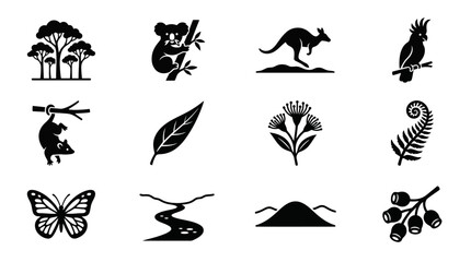 Australian Wildlife and Nature Icons: Koala, Kangaroo, Cockatoo, Eucalyptus, Fern © ibnu