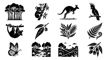 Australian Wildlife Icons: Kangaroo, Koala, Cockatoo, Eucalyptus, Fern, Butterfly © ibnu