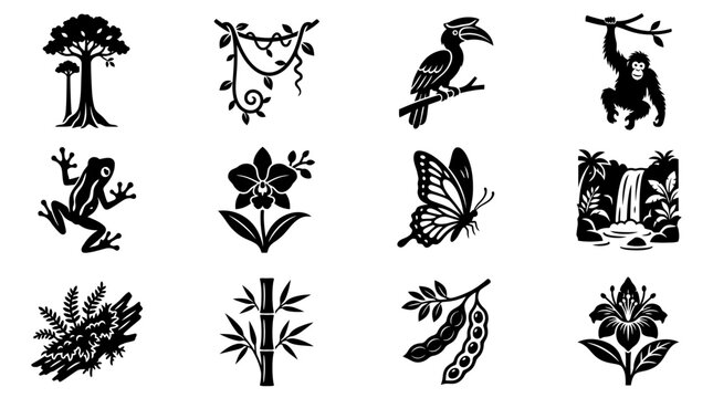 Jungle Silhouette Icons: Tree, Monkey, Frog, Orchid, Toucan, Waterfall, Bamboo