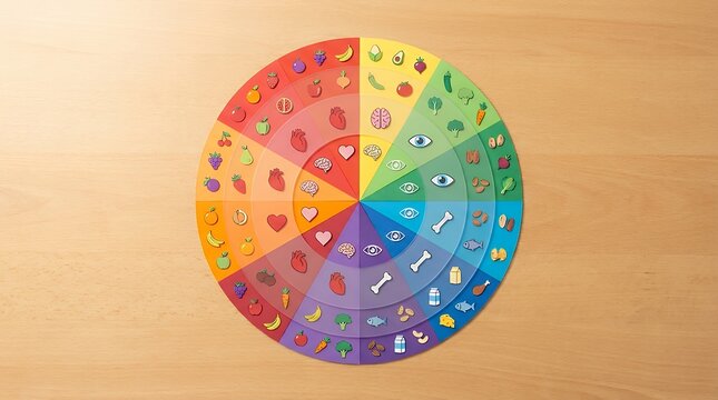 A nutrition visualization showing vitamins food sources with vitamin food sources and functions represented by rainbow wheel chart with food icons for healthy eating and healthcare concept 3D render