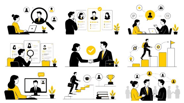 A grid of minimalist black-and-yellow illustrations focusing on job recruitment, hiring processes, career development, resume reviews, and corporate networking.