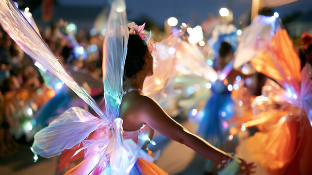 Performers dressed in glowing fairy wings dancing during the vibrant Key West Fantasy Fest street celebration at night