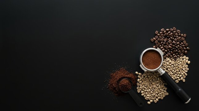 A flat lay composition of roasted and raw coffee beans ground coffee and a full portafilter on a black background representing coffee preparation and barista culture Roasted coffee beans raw coffee