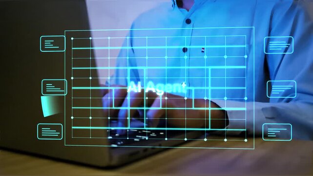 Hand typing on laptop with holographic AI agent interface and document icon concept for intelligent automation, workflow orchestration, data management, and digital task processing