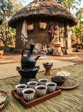 Traditional Ethiopian Coffee Ceremony in a Rural Village Setting.