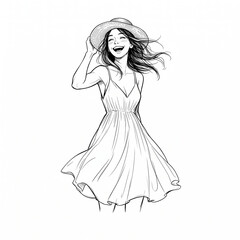 Fototapeta premium Joyful woman smiling in summer dress and straw hat line art sketch illustration